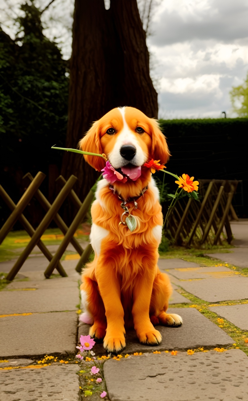 Oil painting of a dog, holding  a bouquet of flower in its mouth, created from a reference photo by generative AI similar as MidJourney and ChatGPT