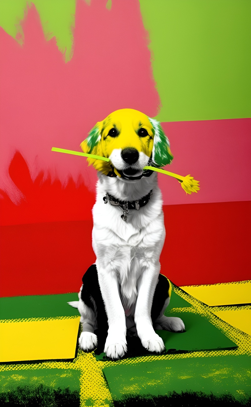 Pop art picture of a dog holding a bouquet of flower in its mouth, created from a reference photo by generative AI similar as MidJourney and ChatGPT