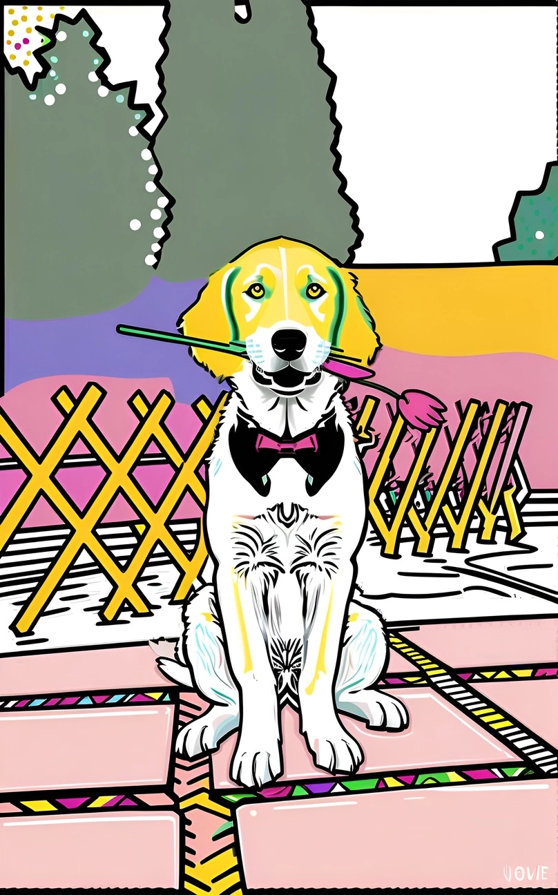 Pop art picture of a dog holding a bouquet of flower in its mouth, created from a reference photo by generative AI similar as MidJourney and ChatGPT