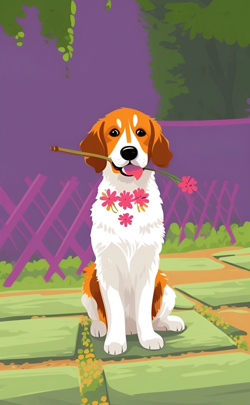 Vector art picture of a dog holding a bouquet of flower in its mouth, created from a reference photo by generative AI similar as MidJourney and ChatGPT