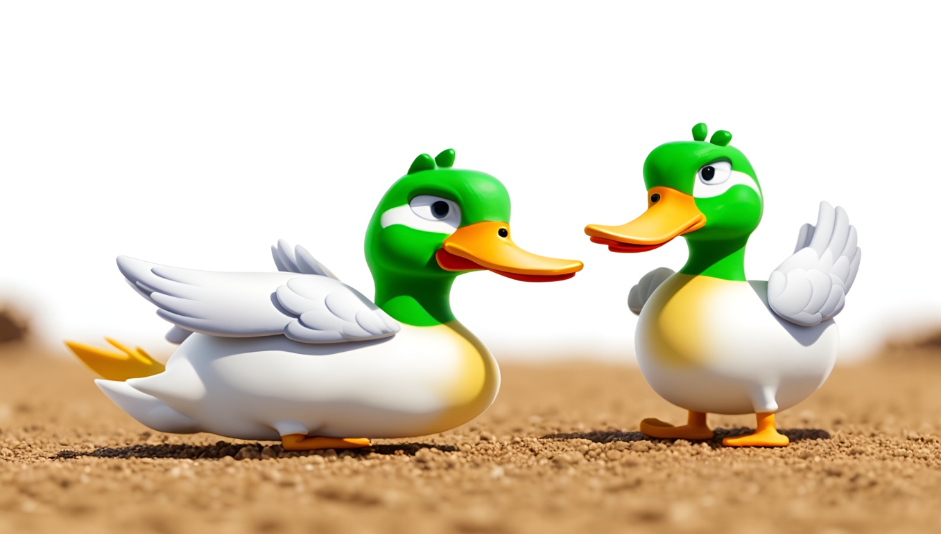 Caricature of two ducks on the beach, created from a reference photo by generative AI similar as MidJourney and ChatGPT
