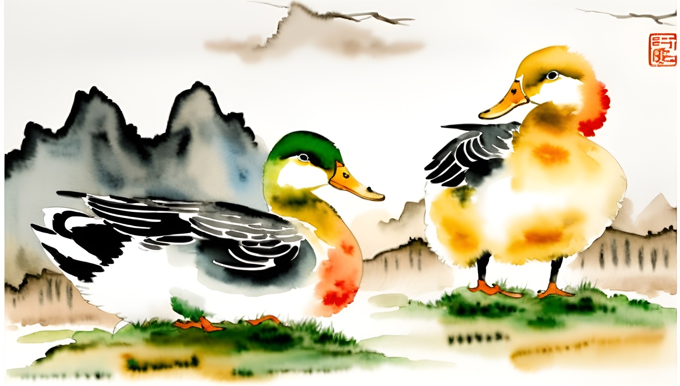Chinese traditional painting of two ducks, created from a reference photo by generative AI similar as MidJourney and ChatGPT
