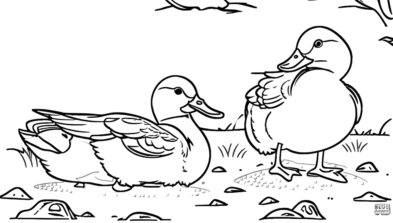 Coloring page of two ducks, created from a reference photo by generative AI similar as MidJourney and ChatGPT