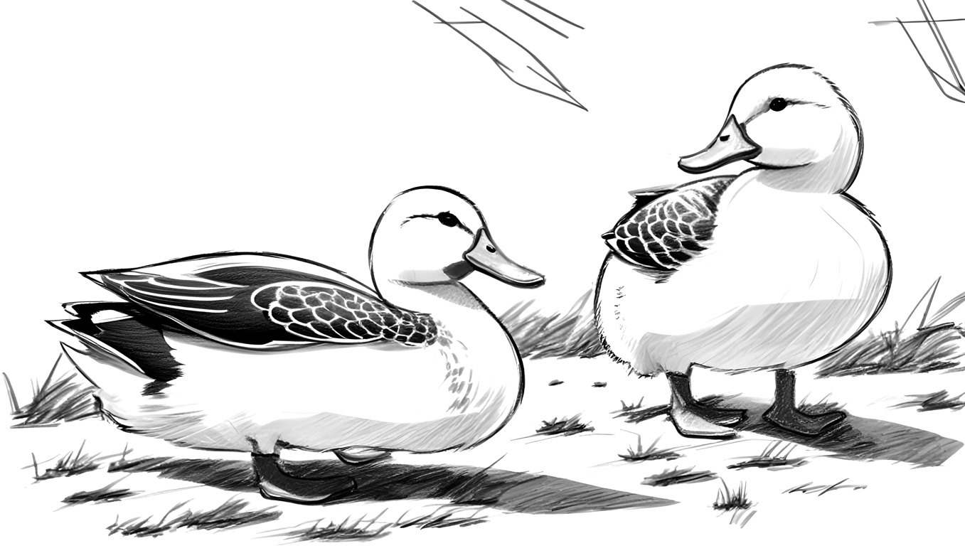 Line sketch drawing of two ducks, created from a reference photo by generative AI similar as MidJourney and ChatGPT