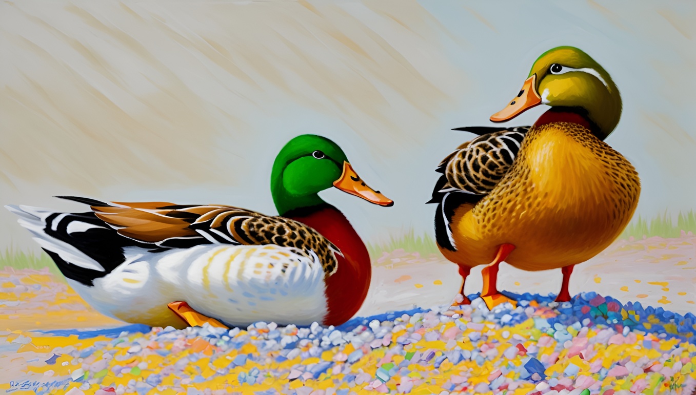 Oil painting of ducks, created from a reference photo by generative AI similar as MidJourney and ChatGPT