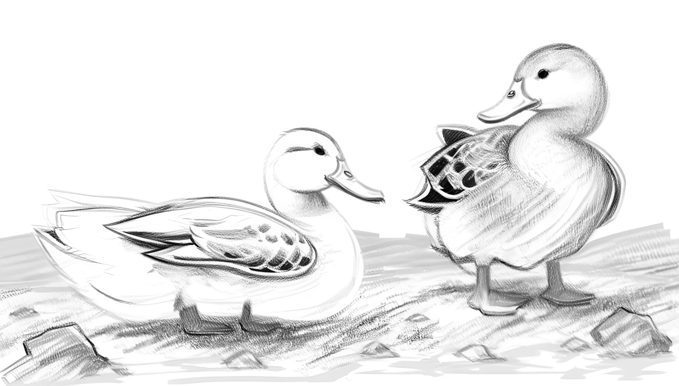 Pencil sketch drawing of two ducks, created from a reference photo by generative AI similar as MidJourney and ChatGPT