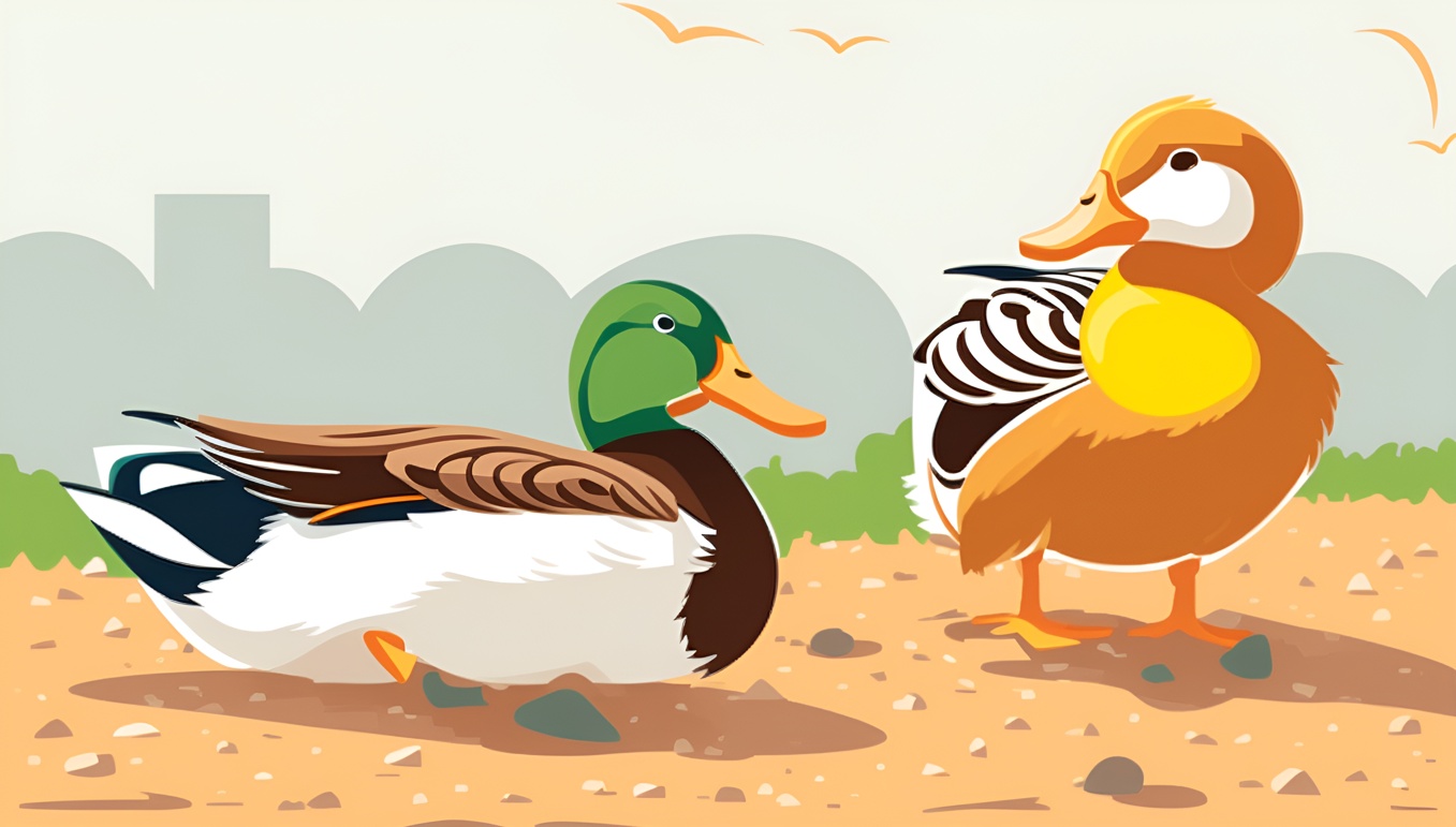 Vector art of two ducks on beach, created from a reference photo by generative AI similar as MidJourney and ChatGPT