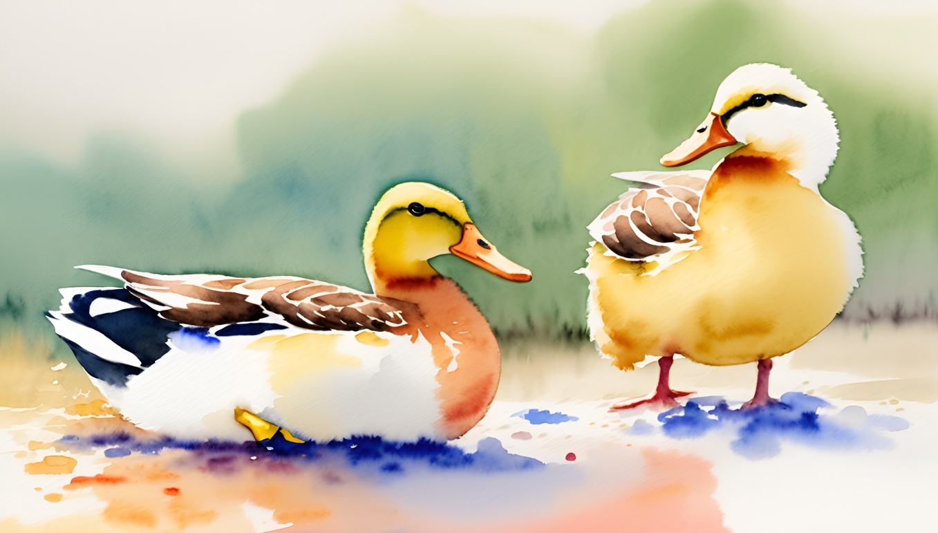 Watercolor painting of two ducks, created from a reference photo by generative AI similar as MidJourney and ChatGPT