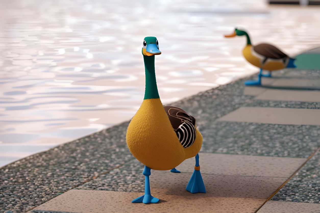 3D Cartoon of two ducks walking, created from a reference photo by generative AI similar as MidJourney and ChatGPT