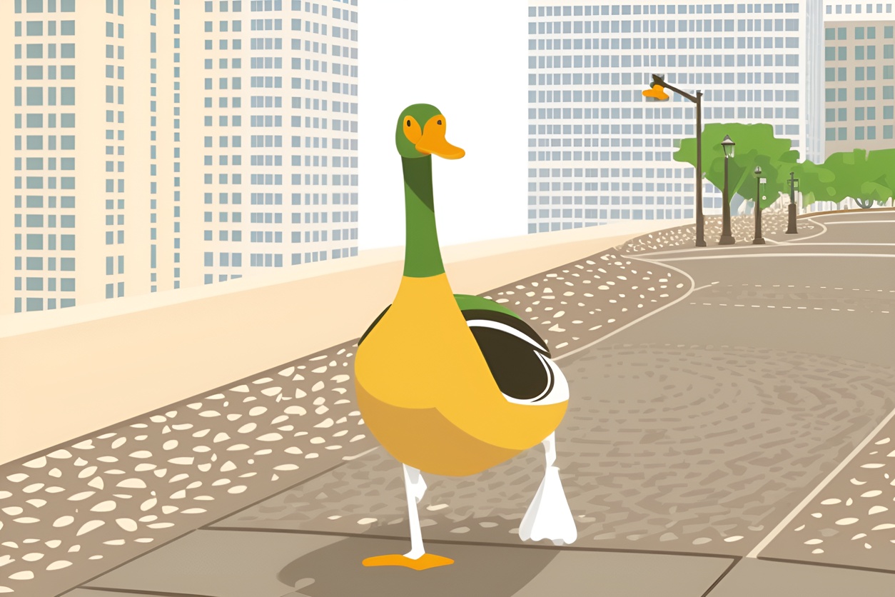 Cartoon drawing of a duck warlking, created from a reference photo by generative AI similar as MidJourney and ChatGPT