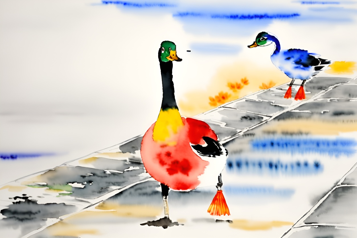 Chinese traditional painting of two ducks walking, created from a reference photo by generative AI similar as MidJourney and ChatGPT