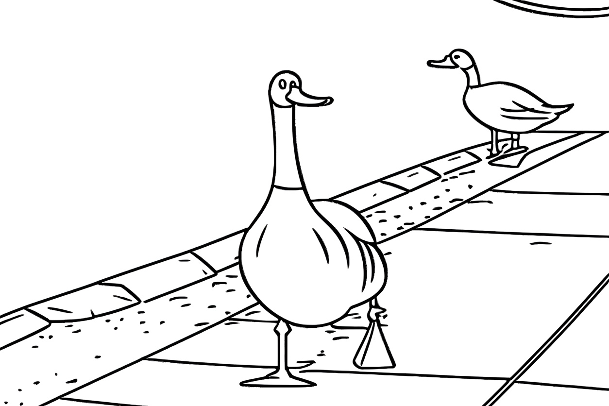 A duck coloring page created from a photo with PortraitArt App