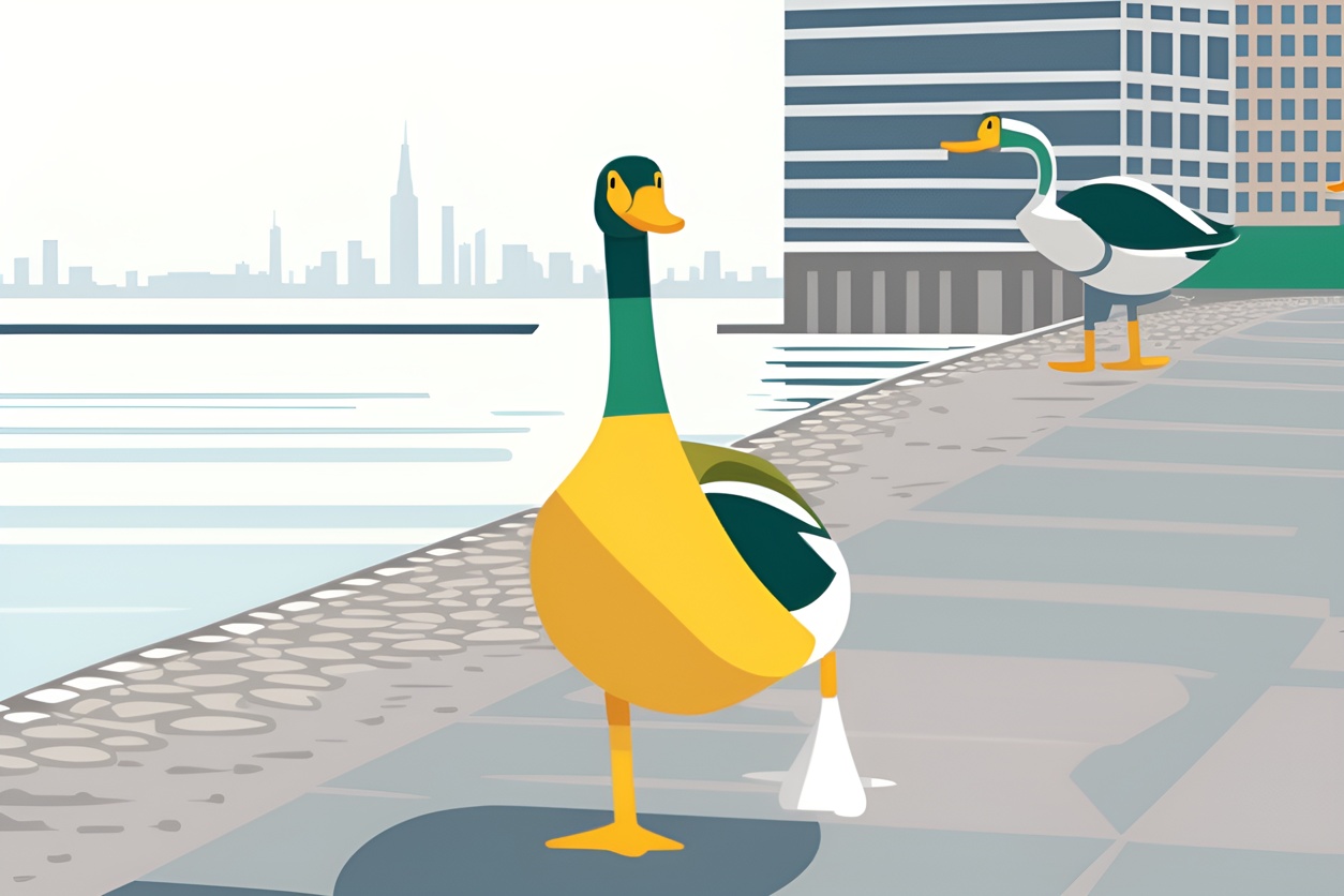 Vector art of two ducks walking, created from a reference photo by generative AI similar as MidJourney and ChatGPT