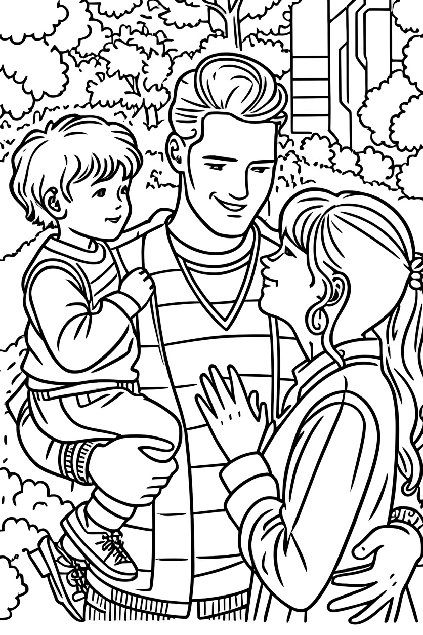 Coloring page of a family, created from a reference photo by generative AI similar as MidJourney and ChatGPT