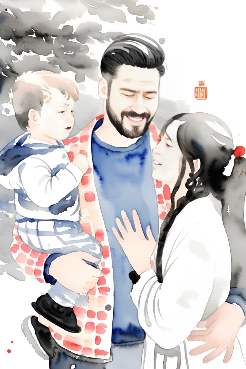 Chinese ink painting of a family, created from a reference photo by generative AI similar as MidJourney and ChatGPT