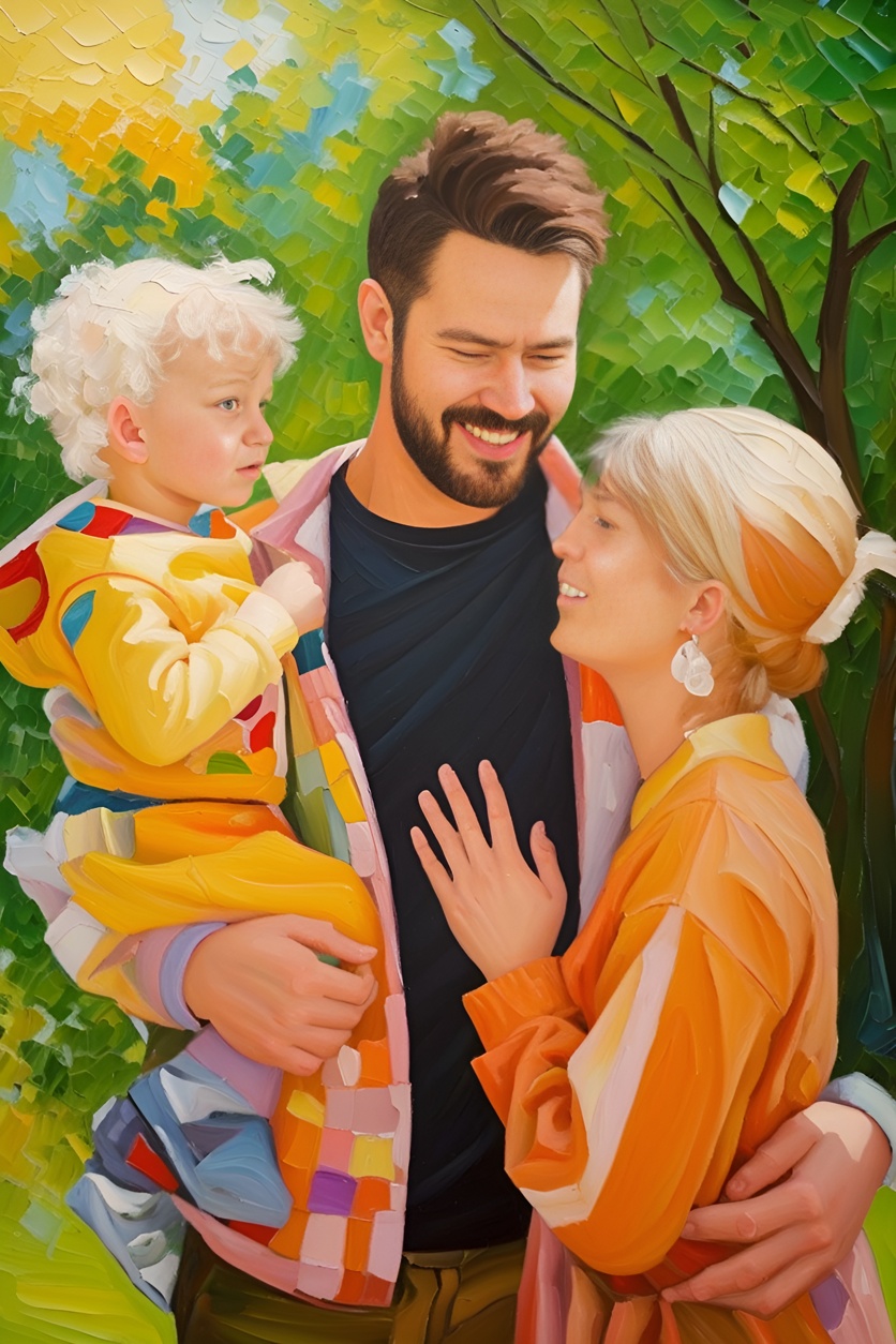 Oil painting of a family outdoor, created from a reference photo by generative AI similar as MidJourney and ChatGPT