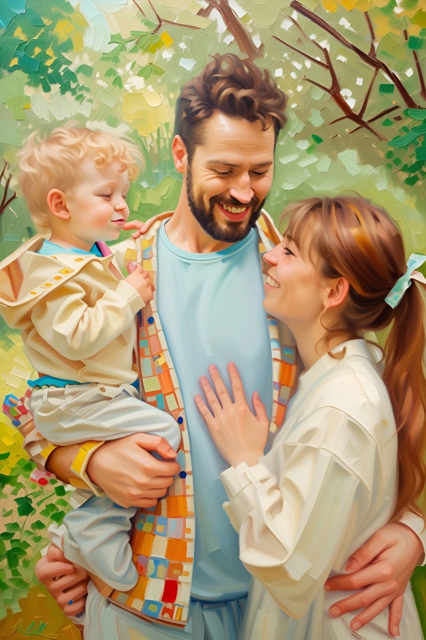 oil painting of a family, created from a reference photo by generative AI similar as MidJourney and ChatGPT