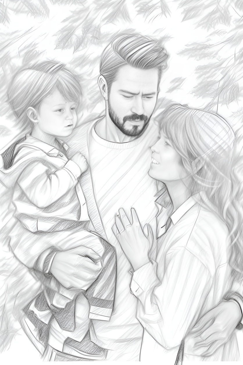 Pencil sketch drawing of a family, created from a reference photo by generative AI similar as MidJourney and ChatGPT