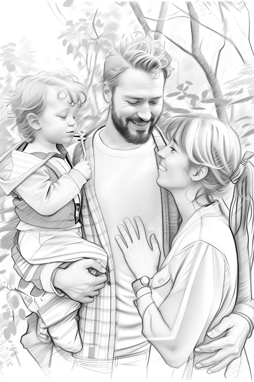 Pencil Sketch Drawing einer Familie, die aus einem Referenzfoto von generativen KI erstellt wurde, ähnlich wie Midjourney und Chatgpt