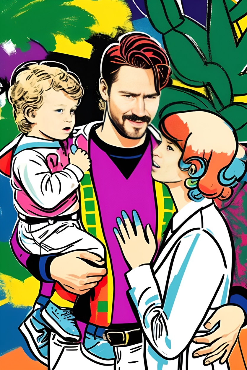 Pop art picture of a family, created from a reference photo by generative AI similar as MidJourney and ChatGPT