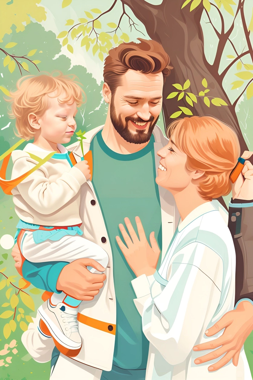 Vector art picture of a family outdoor, created from a reference photo by generative AI similar as MidJourney and ChatGPT