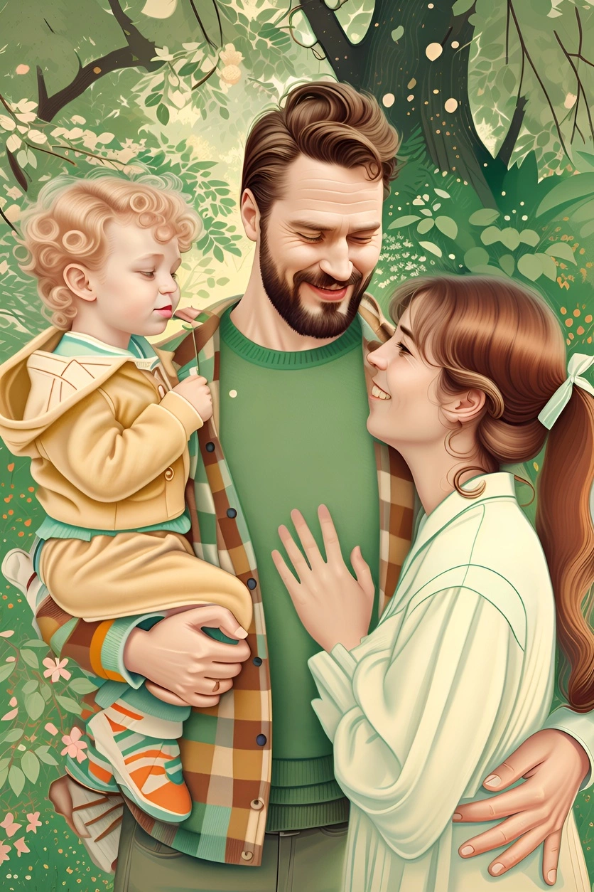 Vintage painting of a family outdoor, created from a reference photo by generative AI similar as MidJourney and ChatGPT