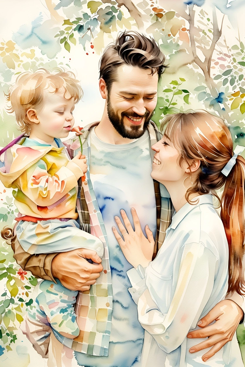 Peinture aquarelle d'une famille, créée à partir d'une photo de référence de Generative Ai similaire à MidJourney et Chatgpt