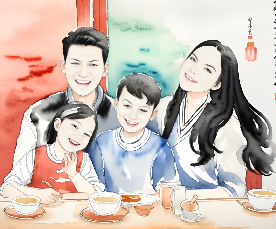 Chinese ink painting of a family having dinner, created from a reference photo by generative AI similar as MidJourney and ChatGPT