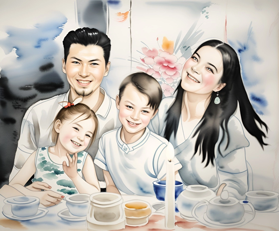 Peinture à l'encre chinoise d'une famille ayant un dîner, créée à partir d'une photo de référence par Generative Ai similaire à MidJourney et Chatgpt