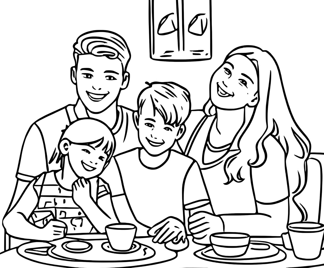 coloring page of a family created from a reference photo by generative AI similar as MidJourney and ChatGPT