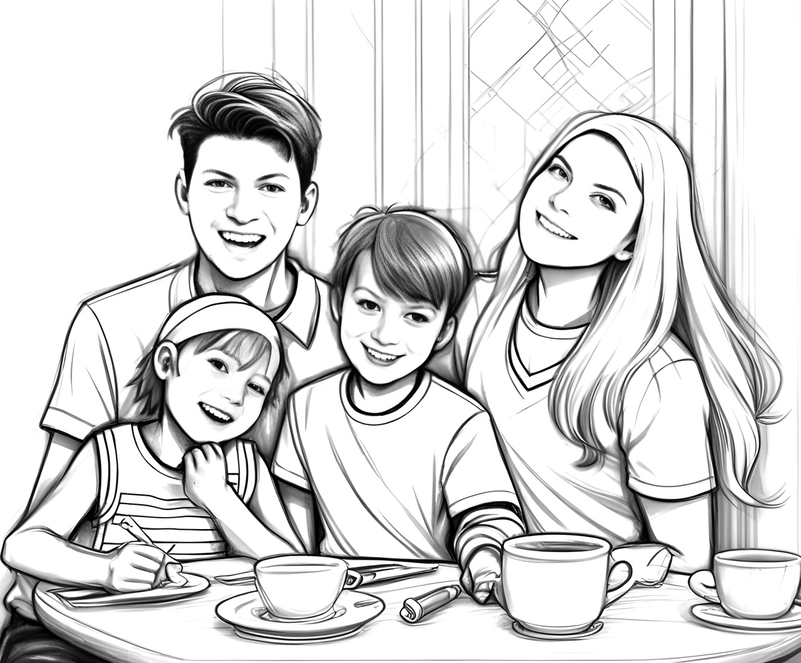 line sketch drawing of a family on a dinner table, created from a reference photo by generative AI similar as MidJourney and ChatGPT