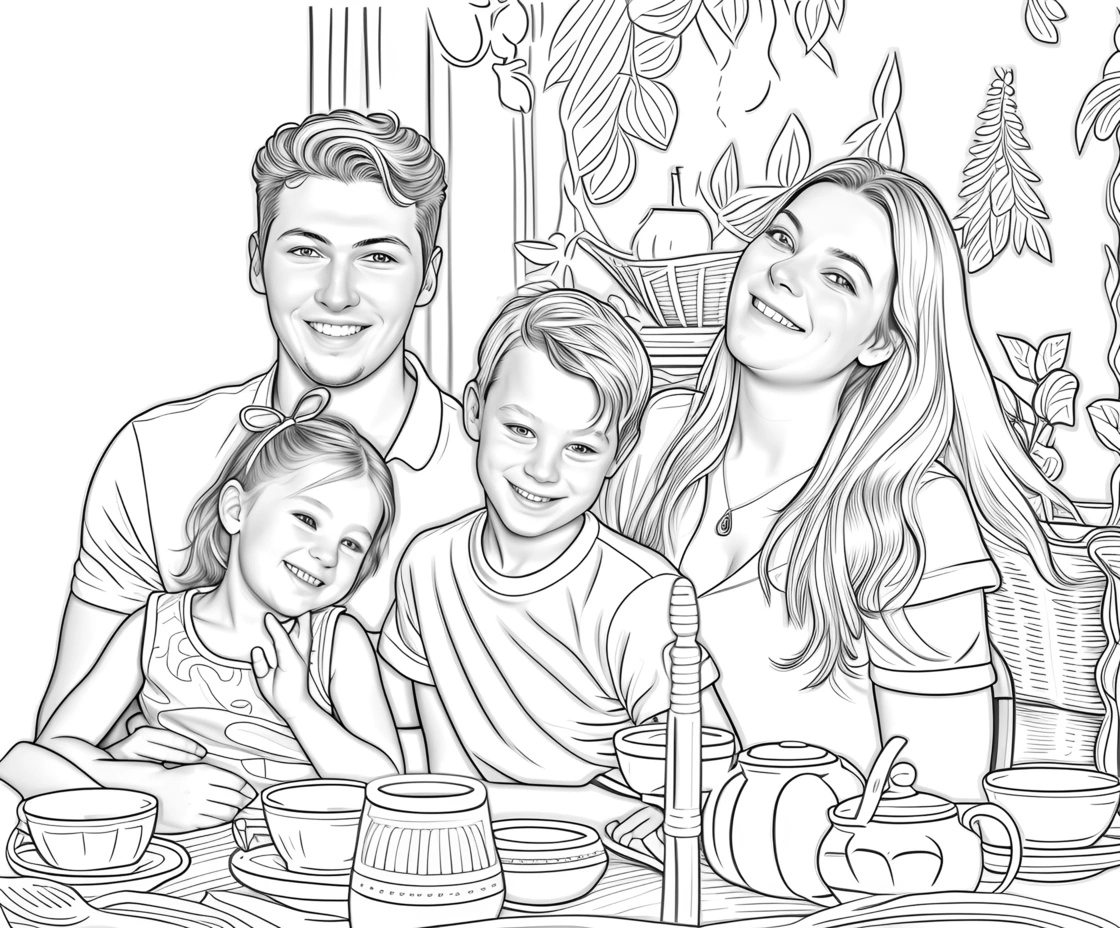 Disegno di sketch di linea di una famiglia, creata da una foto di riferimento da AI generativa simile a Midjourney e Chatgpt