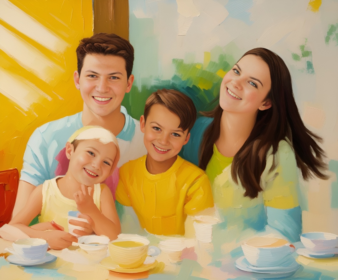 oil painting of a family having dinner, created from a reference photo by generative AI similar as MidJourney and ChatGPT