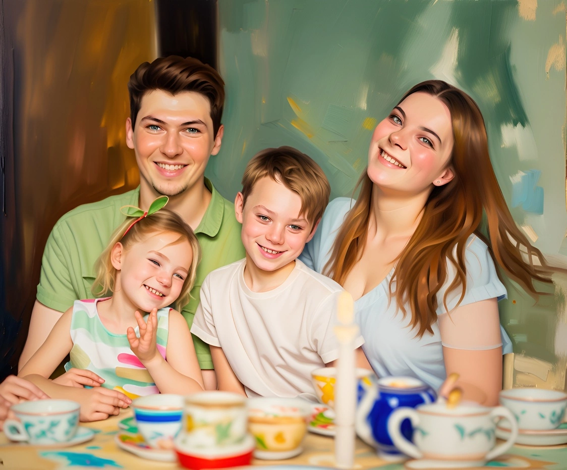 oil painting of a family having dinner, created from a reference photo by generative AI similar as MidJourney and ChatGPT