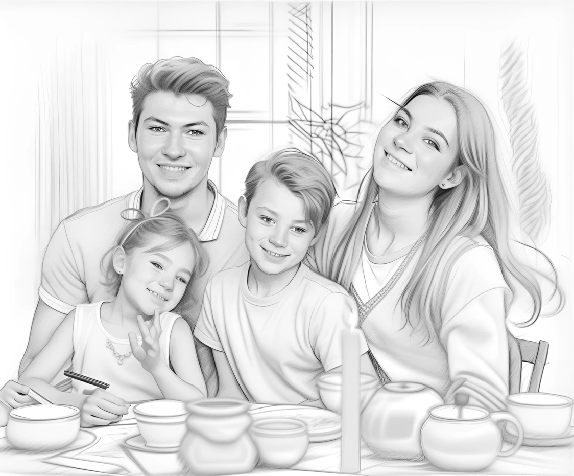 Pencil sketch drawing of a family having dinner, created from a reference photo by generative AI similar as MidJourney and ChatGPT