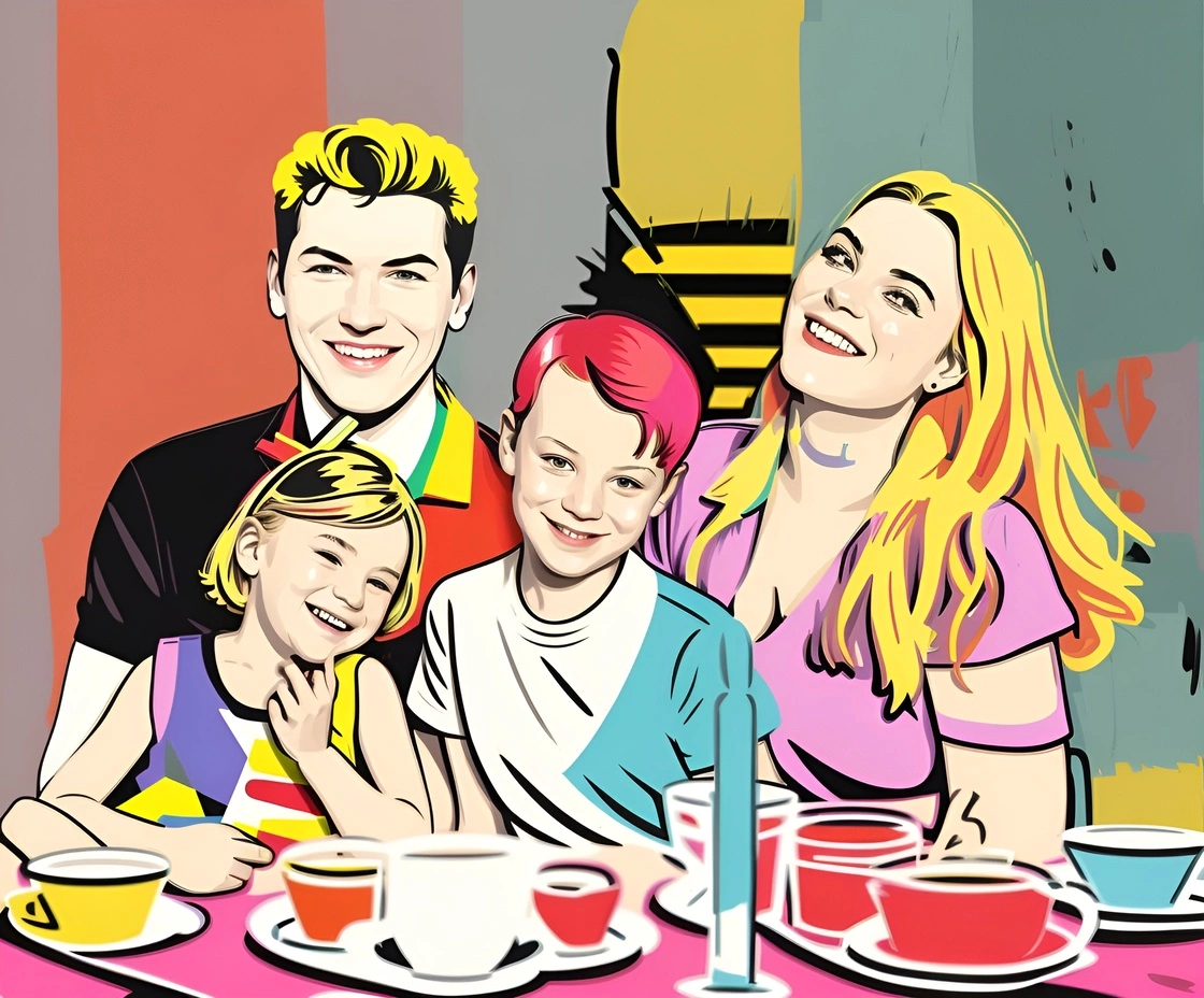 Pop -Art -Zeichnung einer Familie auf einem Esstisch, die aus einem Referenzfoto von generativen KI erstellt wurde, ähnlich wie Midjourney und Chatgpt