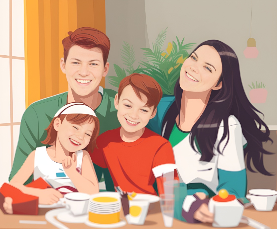 vector art drawing of a family having dinner, created from a reference photo by generative AI similar as MidJourney and ChatGPT