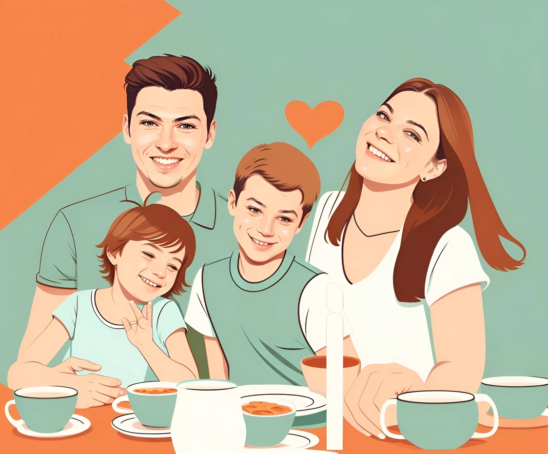 Vector art picture of a family, created from a reference photo by generative AI similar as MidJourney and ChatGPT