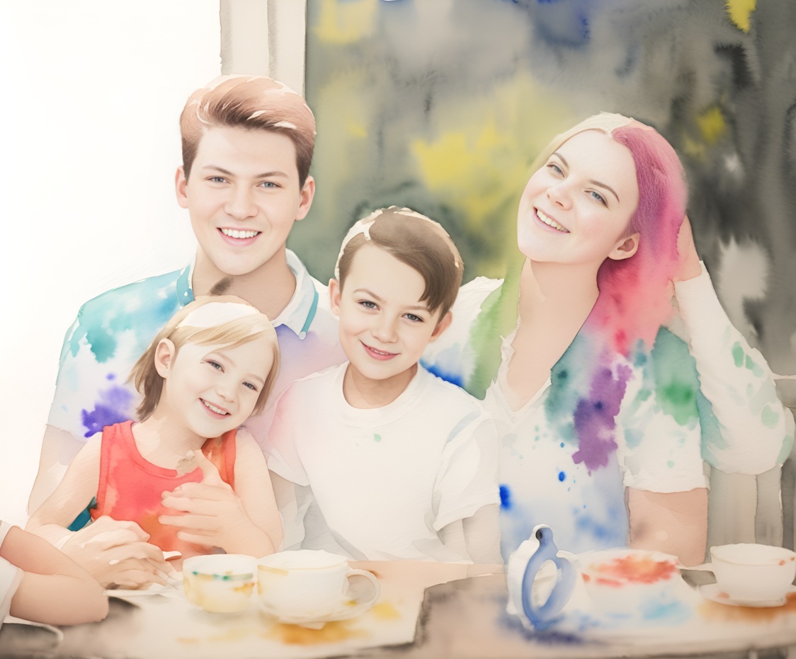 watercolor painting of family, created from a reference photo by generative AI similar as MidJourney and ChatGPT
