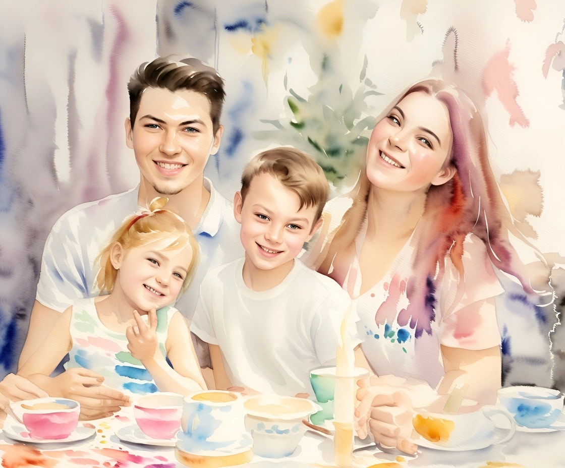 Aquarellmalerei einer Familie, die aus einem Referenzfoto von generativen KI erstellt wurde, ähnlich wie Midjourney und Chatgpt