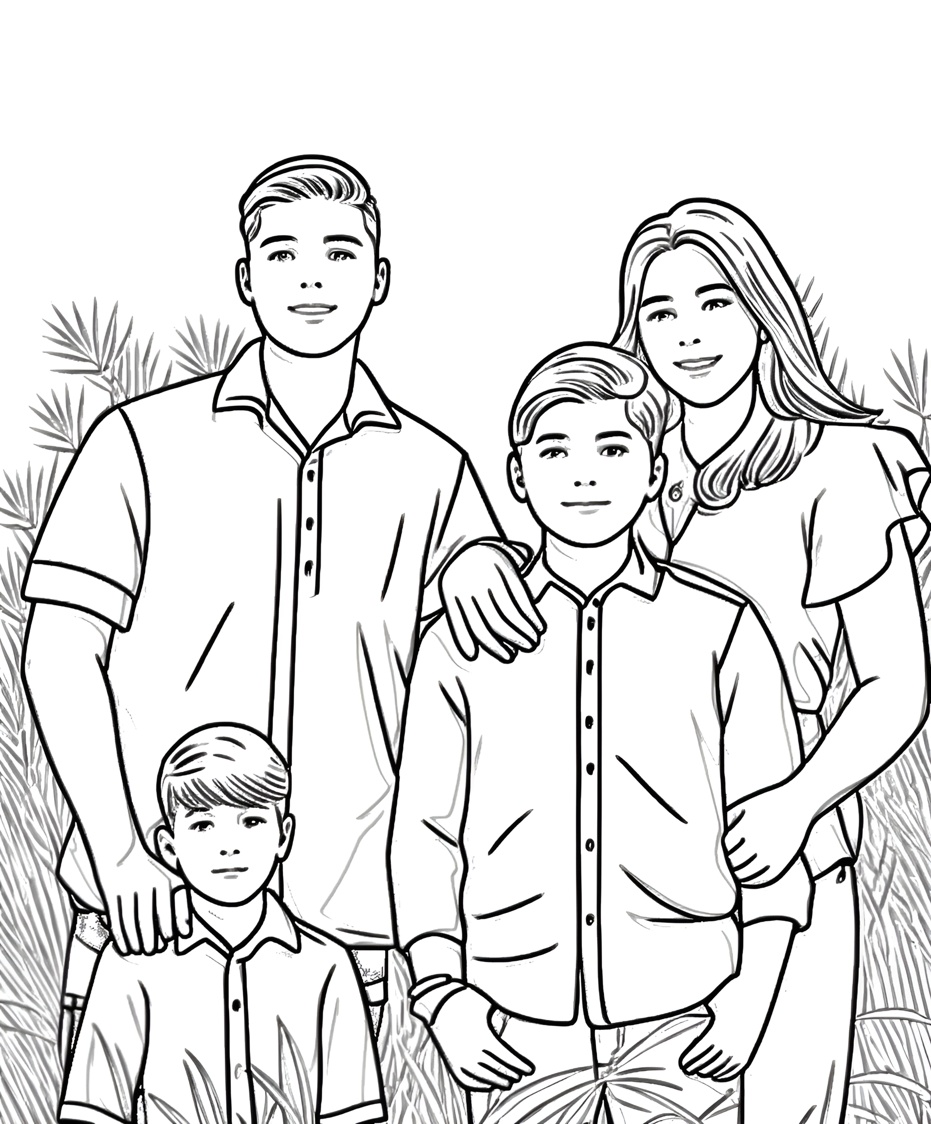 A coloring page made from a family reference photo