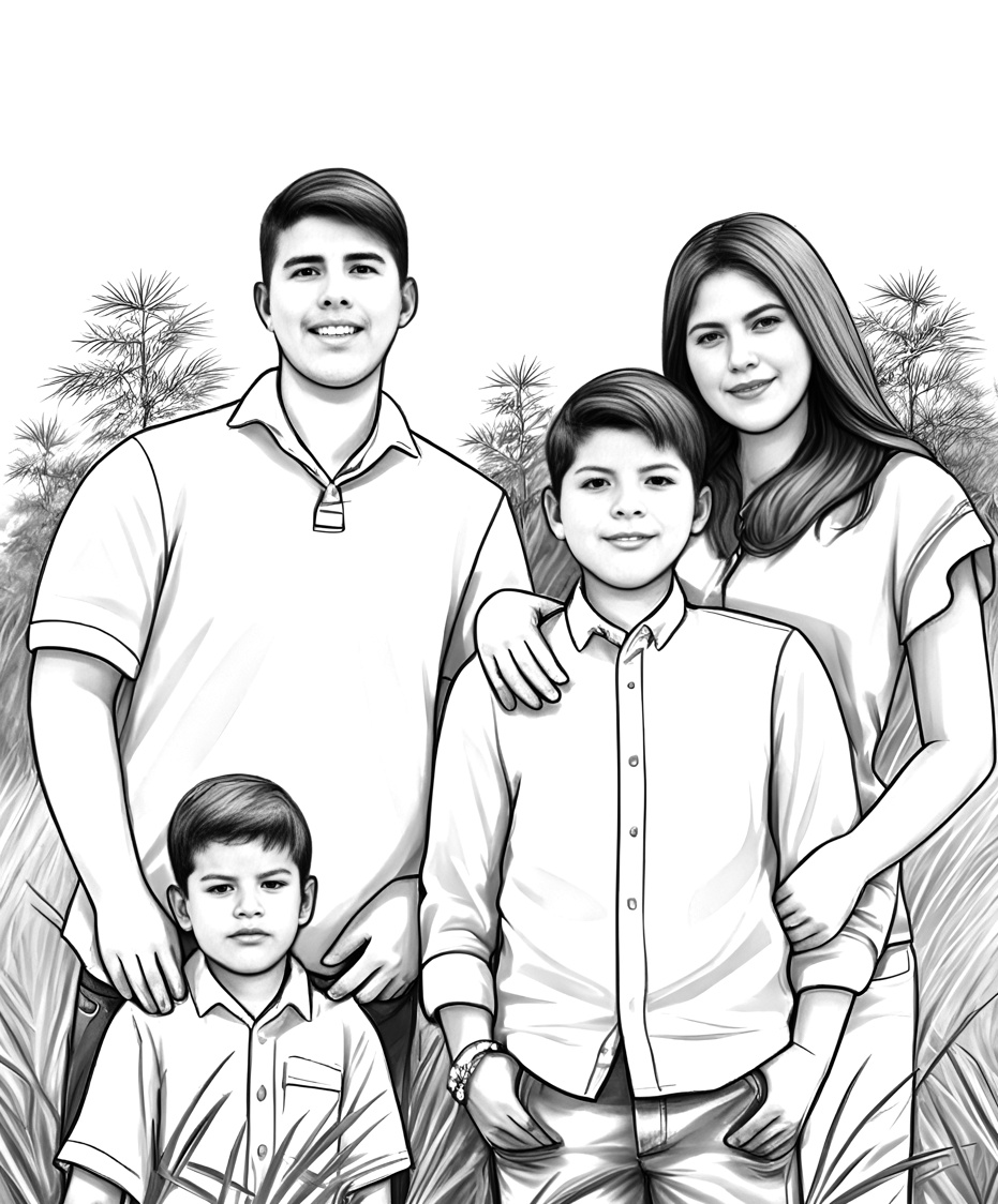 line sketch drawing of a family, created from a reference photo by generative AI similar as MidJourney and ChatGPT