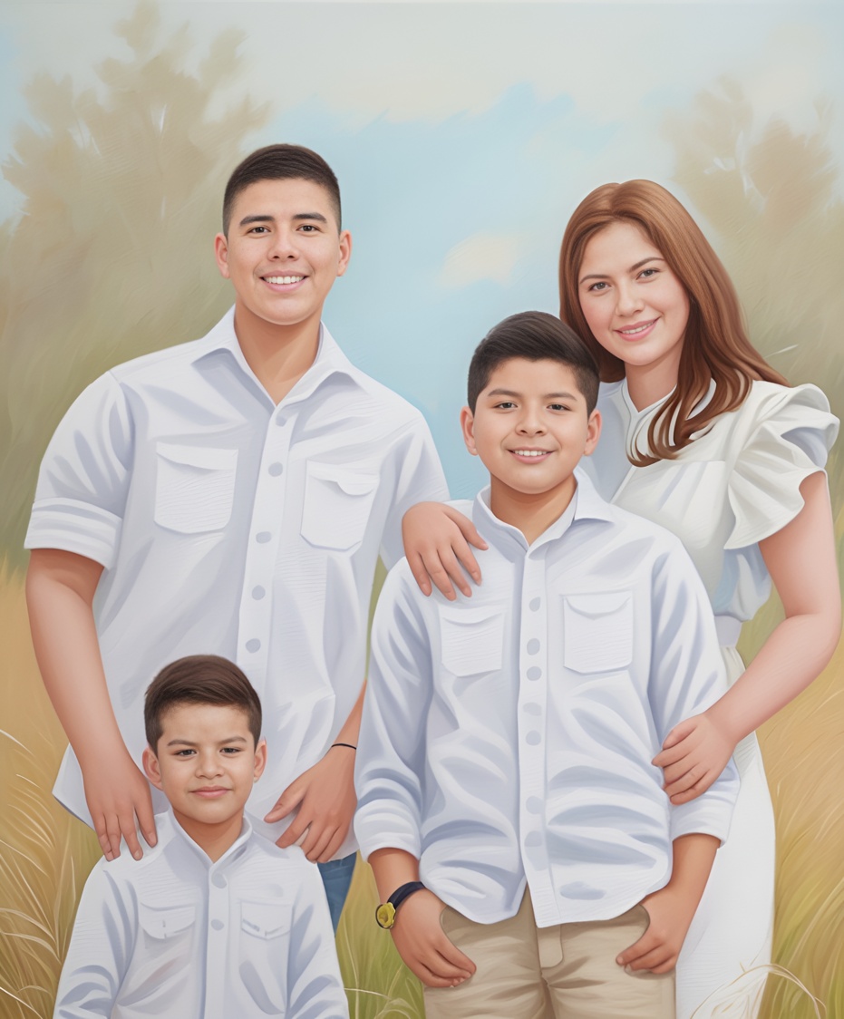 Oil painting of a family, created from a reference photo by generative AI similar as MidJourney and ChatGPT