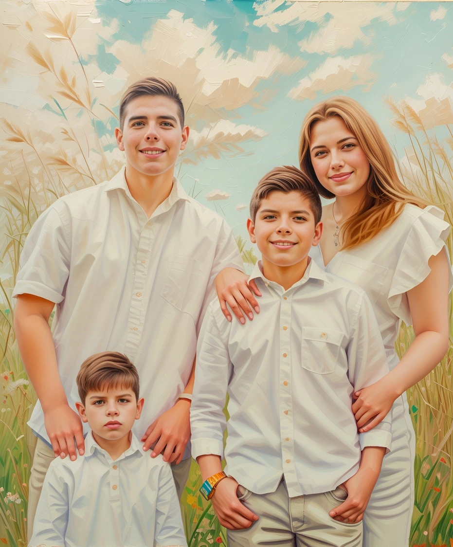 Peinture à l'huile d'une famille, créée à partir d'une photo de référence par Generative Ai similaire à MidJourney et Chatgpt