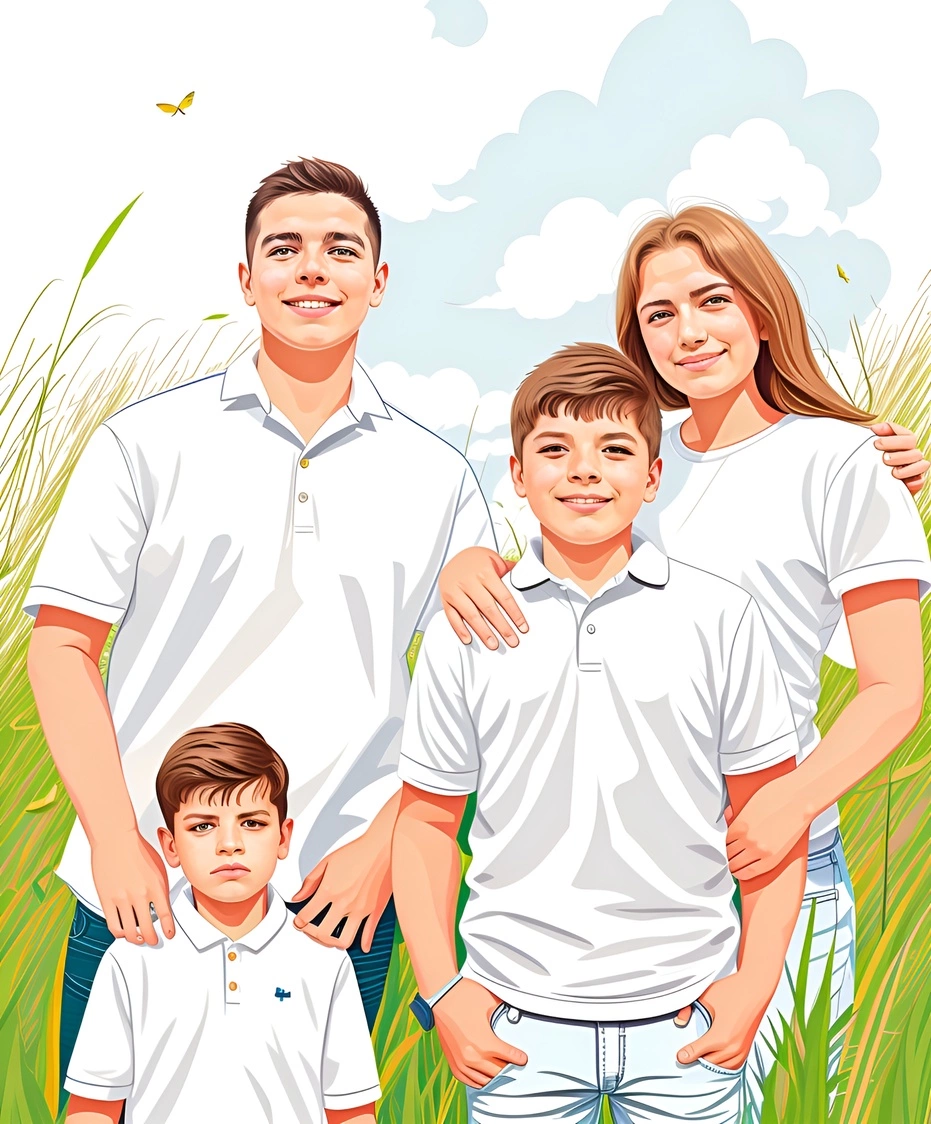 Vector art picture of a family, created from a reference photo by generative AI similar as MidJourney and ChatGPT