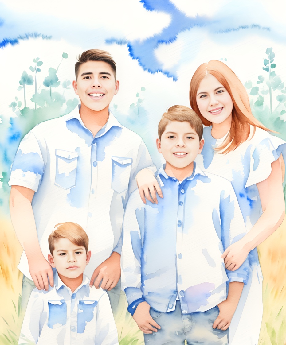 Watercolor painting of a family, created from a reference photo by generative AI similar as MidJourney and ChatGPT