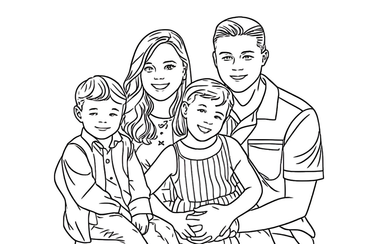 Une page de coloriage familiale créée à partir d'une photo avec une application PortraitArt