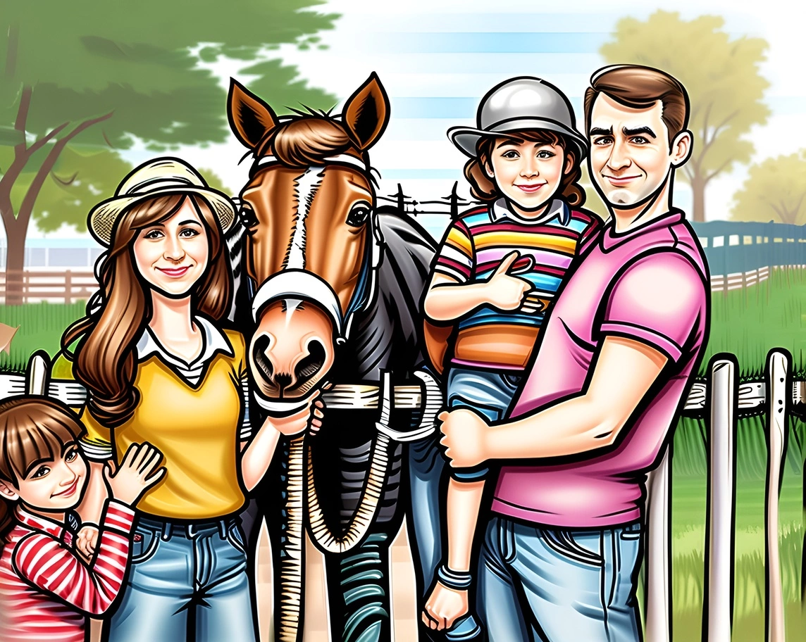 Caricature drawing of a family next to horse, created from a reference photo by generative AI similar as MidJourney and ChatGPT