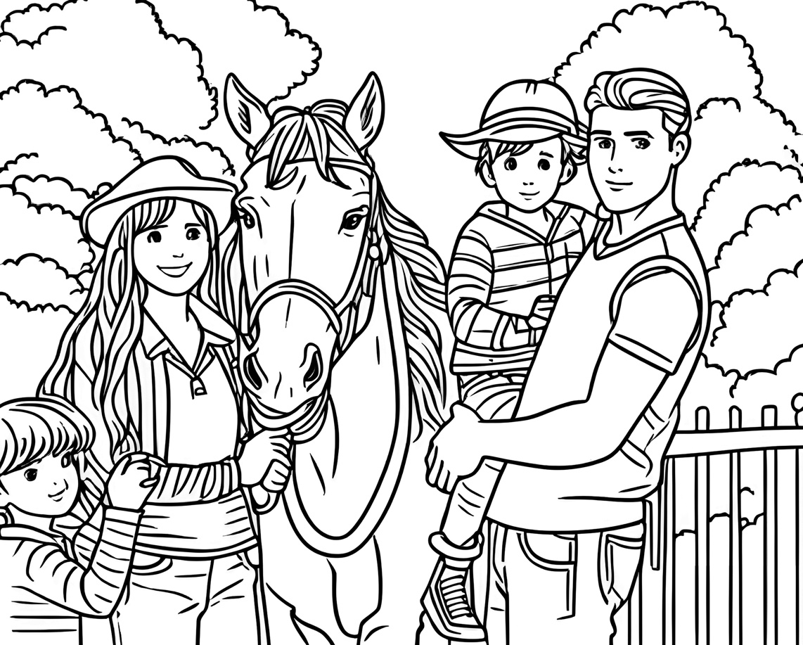 coloring page of a family next to a horse, created from a reference photo by generative AI similar as MidJourney and ChatGPT