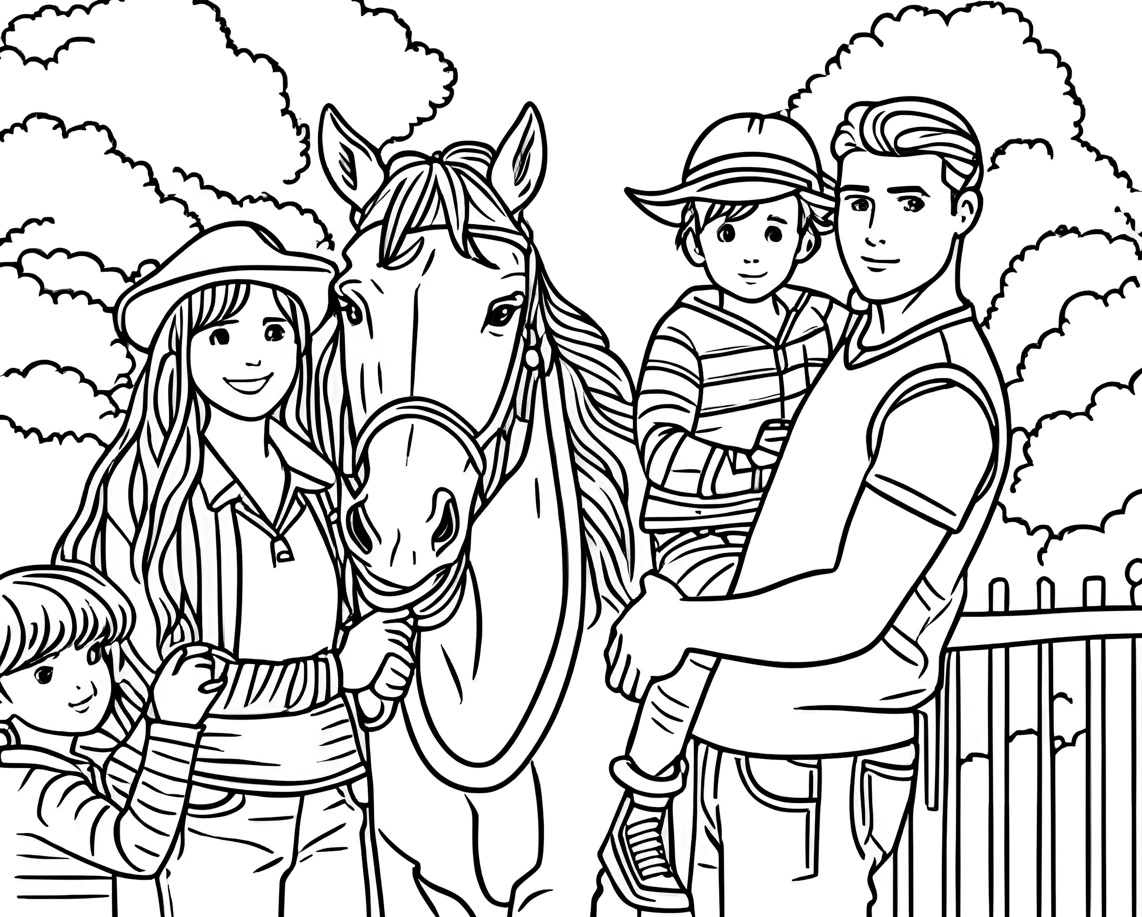 coloriage d'une famille à côté d'un cheval, créé à partir d'une photo de référence par Generative Ai similaire à MidJourney et Chatgpt